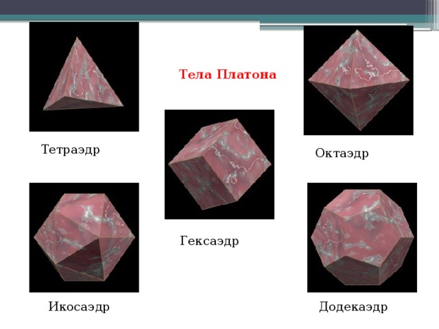 Тела Платона Тетраэдр Октаэдр Гексаэдр Икосаэдр Додекаэдр