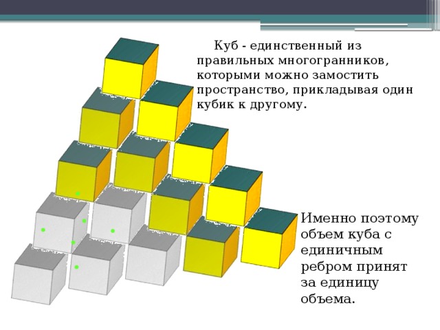 Куб - единственный из правильных многогранников, которыми можно замостить пространство, прикладывая один кубик к другому. Именно поэтому объем куба с единичным ребром принят за единицу объема.