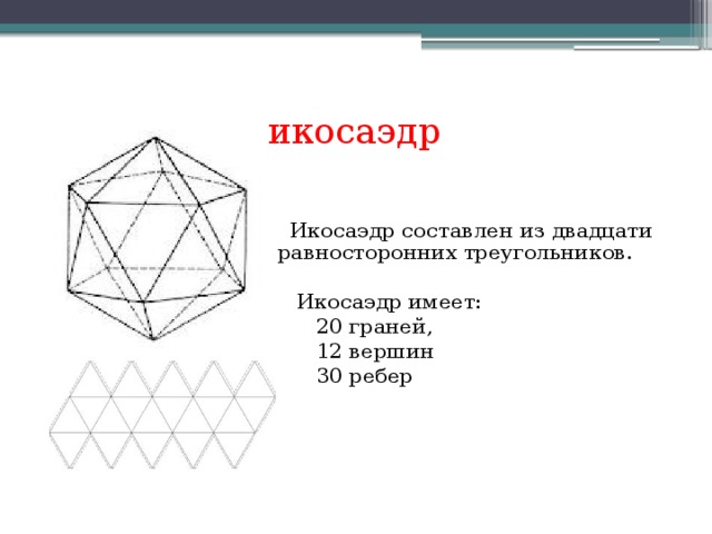 икосаэдр   Икосаэдр составлен из двадцати равносторонних треугольников.  Икосаэдр имеет:  20 граней,  12 вершин  30 ребер