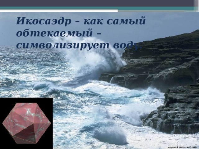 Икосаэдр – как самый обтекаемый – символизирует воду. Правильный икосаэдр составлен из двадцати равносторонних треугольников. Каждая вершина икосаэдра является вершиной пяти треугольников. Следовательно, сумма плоских углов при каждой вершине равна 300° .