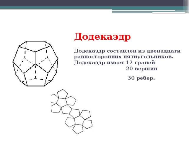 Додекаэдр   Додекаэдр составлен из двенадцати равносторонних пятиугольников. Додекаэдр имеет 12 граней  20 вершин  30 ребер.
