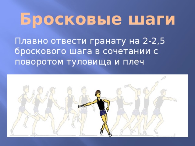 Бросковые шаги Плавно отвести гранату на 2-2,5 броскового шага в сочетании с поворотом туловища и плеч