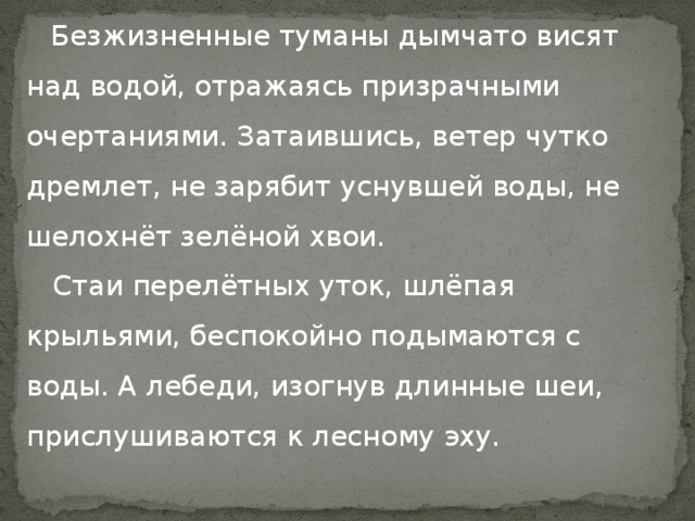 Безжизненные туманы дымчато висят над водой, отражаясь призрачными очертаниями. Затаившись, ветер чутко дремлет, не зарябит уснувшей воды, не шелохнёт зелёной хвои.      Стаи перелётных уток, шлёпая крыльями, беспокойно подымаются с воды. А лебеди, изогнув длинные шеи, прислушиваются к лесному эху.