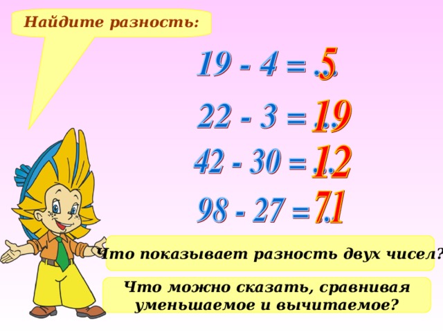 Найдите разность: Что показывает разность двух чисел? Что можно сказать, сравнивая уменьшаемое и вычитаемое?