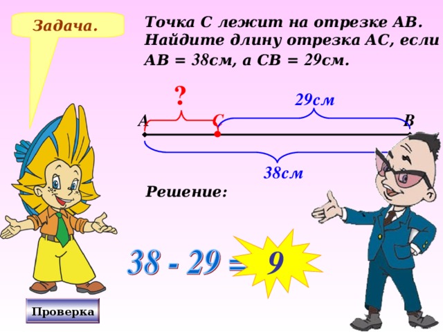 Точка С лежит на отрезке АВ. Найдите длину отрезка АС, если АВ = 38 см, а СВ = 29 см. Задача. ? 29см А В С 38см Решение: № 247 Н.Я.Виленкин, «Математика-5», 2006 год издания. 9 Проверка