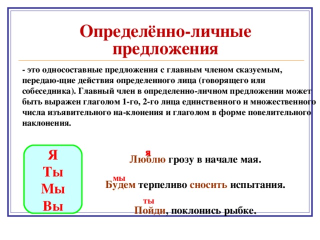 Определённо-личные  предложения - это односоставные предложения с главным членом сказуемым, передаю-щие действия определенного лица (говорящего или собеседника). Главный член в определенно-личном предложении может быть выражен глаголом 1-го, 2-го лица единственного и множественного числа изъявительного на-клонения и глаголом в форме повелительного наклонения.  я Я Ты Мы Вы  Люблю грозу в начале мая.  Будем терпеливо сносить испытания.  Пойди , поклонись рыбке . мы ты