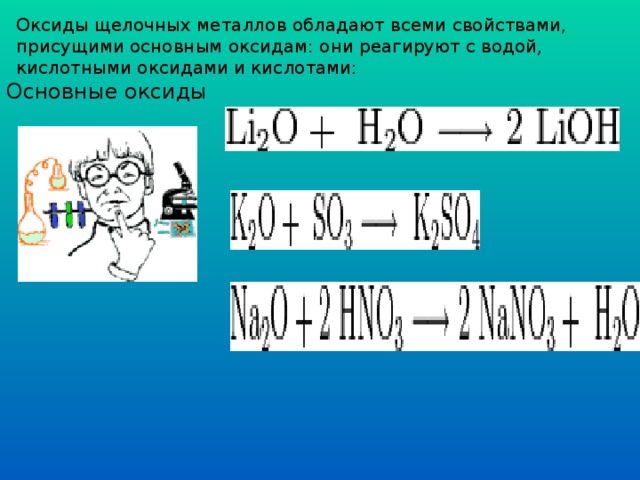 Оксиды щелочных металлов обладают всеми свойствами, присущими основным оксидам: они реагируют с водой, кислотными оксидами и кислотами: Основные оксиды