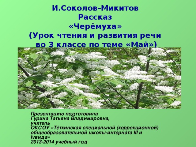 И.Соколов-Микитов  Рассказ  «Черёмуха»  (Урок чтения и развития речи  во 3 классе по теме «Май»)   Презентацию подготовила  Гурина Татьяна Владимировна,  учитель  ОКСОУ «Тёткинская специальной (коррекционной)  общеобразовательной школы-интерната III и Ivвида»  2013-2014 учебный год