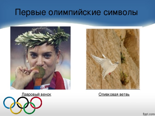 Первые олимпийские символы Лавровый венок Оливковая ветвь