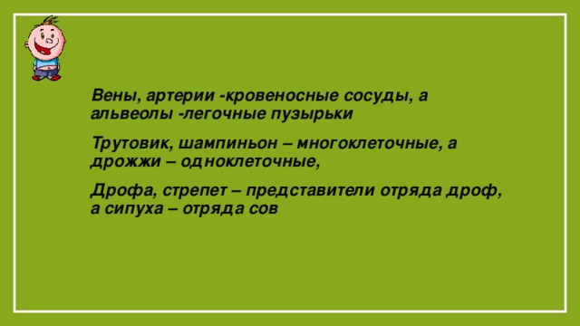 Вены, артерии -кровеносные сосуды, а альвеолы -легочные пузырьки Трутовик, шампиньон – многоклеточные, а дрожжи – одноклеточные, Дрофа, стрепет – представители отряда дроф, а сипуха – отряда сов