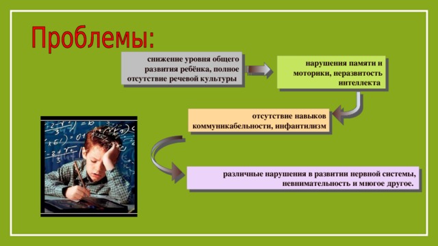 снижение уровня общего развития ребёнка, полное отсутствие речевой культуры  нарушения памяти и моторики, неразвитость интеллекта  отсутствие навыков коммуникабельности, инфантилизм   различные нарушения в развитии нервной системы, невнимательность и многое другое.