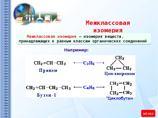 Межклассовая изомерия  Межклассовая изомерия – изомерия веществ, принадлежащих к разным классам органических соединений   Например: Циклобутан назад