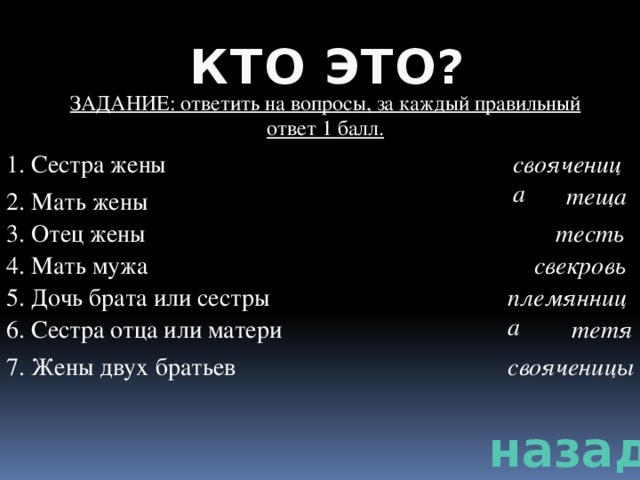 КТО ЭТО? ЗАДАНИЕ: ответить на вопросы, за каждый правильный ответ 1 балл. 1. Сестра жены свояченица теща 2. Мать жены 3. Отец жены тесть 4. Мать мужа свекровь 5. Дочь брата или сестры племянница 6. Сестра отца или матери тетя 7. Жены двух братьев свояченицы назад