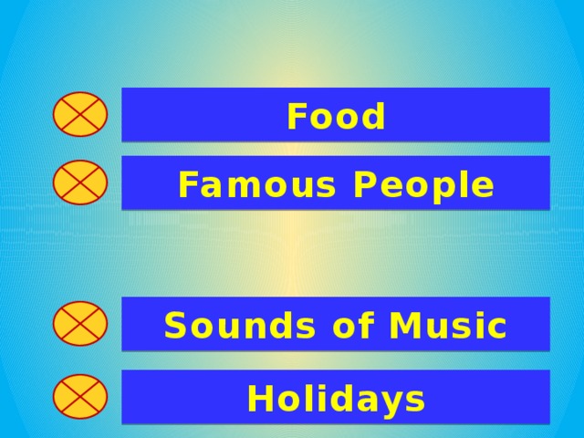 Food Famous People Sounds of Music Holidays