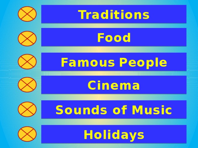 Traditions Food Famous  People Cinema Sounds of Music Holidays
