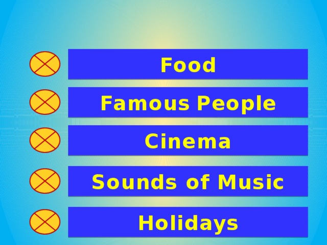 Food Famous  People Cinema Sounds of Music Holidays