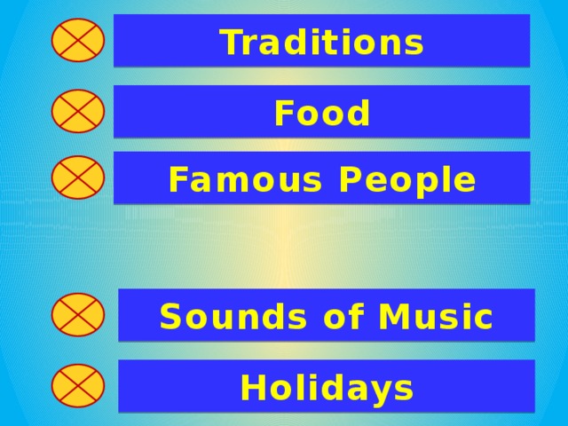 Traditions Food Famous People Sounds of Music Holidays