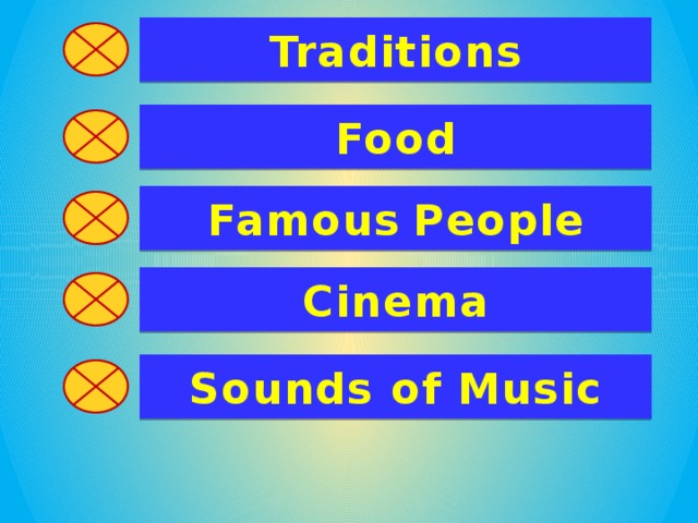 Traditions Food Famous  People Cinema Sounds of Music
