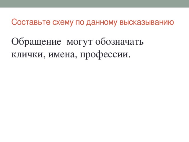 Составьте схему по данному высказыванию Обращение могут обозначать клички, имена, профессии.