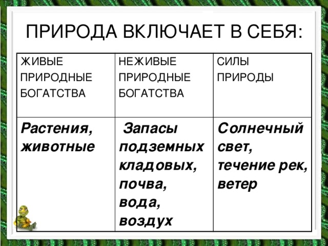 ПРИРОДА ВКЛЮЧАЕТ В СЕБЯ: ЖИВЫЕ ПРИРОДНЫЕ НЕЖИВЫЕ Растения, животные ПРИРОДНЫЕ БОГАТСТВА СИЛЫ  Запасы подземных кладовых, почва, вода, воздух БОГАТСТВА ПРИРОДЫ Солнечный свет, течение рек, ветер