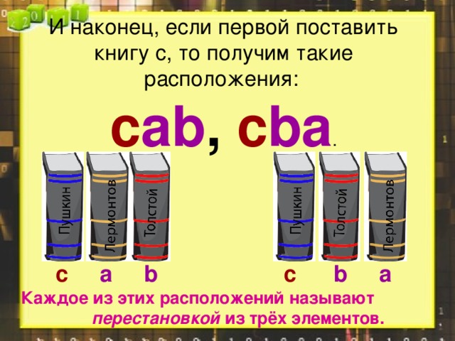 И наконец, если первой поставить книгу с, то получим такие расположения:   c ab , c ba .        c  a  b  c  b  a   Каждое из этих расположений называют перестановкой из трёх элементов.