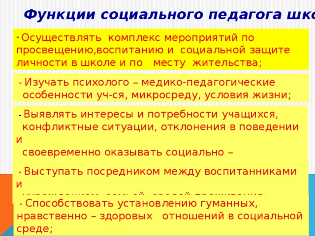 Функции социального педагога школы .  Осуществлять комплекс мероприятий по просвещению,воспитанию и социальной защите личности в школе и по месту жительства;  -  Изучать психолого – медико-педагогические  особенности уч-ся, микросреду, условия жизни;  - Выявлять интересы и потребности учащихся,  конфликтные ситуации, отклонения в поведении и  своевременно оказывать социально – педагогическую  помощь;  - Выступать посредником между воспитанниками и  учреждением, семьей, средой проживания;  - Способствовать установлению гуманных, нравственно – здоровых отношений в социальной среде;