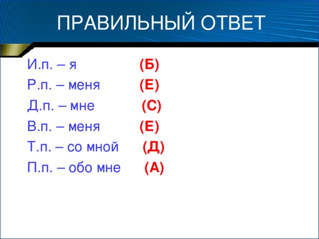 ПРАВИЛЬНЫЙ ОТВЕТ И.п. – я  (Б) Р.п. – меня  (Е) Д.п. – мне  (С) В.п. – меня  (Е) Т.п. – со мной  (Д) П.п. – обо мне  (А)