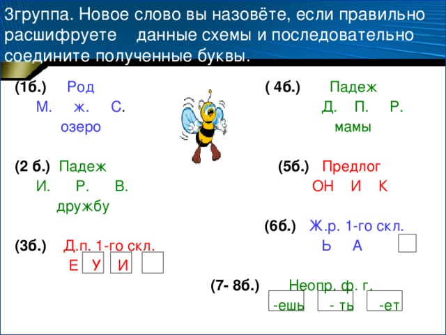 3группа. Новое слово вы назовёте, если правильно расшифруете данные схемы и последовательно соедините полученные буквы. (1б.)  Род  ( 4б.)  Падеж  М. ж. С . Д. П. Р.  озеро  мамы (2 б.)  Падеж  (5б.)  Предлог  И. Р. В.  ОН И К  дружбу  (6б.)  Ж.р. 1-го скл. (3б.)  Д.п. 1-го скл.  Ь А   Е У И   (7- 8б.)  Неопр. ф. г.  -ешь - ть -ет