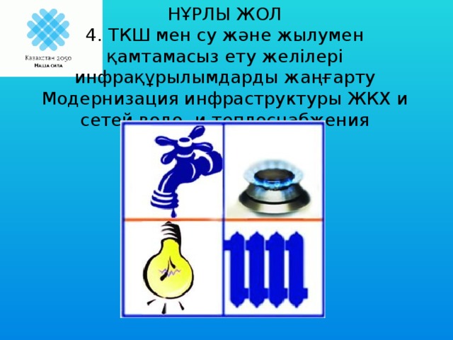 НҰРЛЫ ЖОЛ  4. ТКШ мен су және жылумен қамтамасыз ету желілері инфрақұрылымдарды жаңғарту Модернизация инфраструктуры ЖКХ и сетей водо- и теплоснабжения