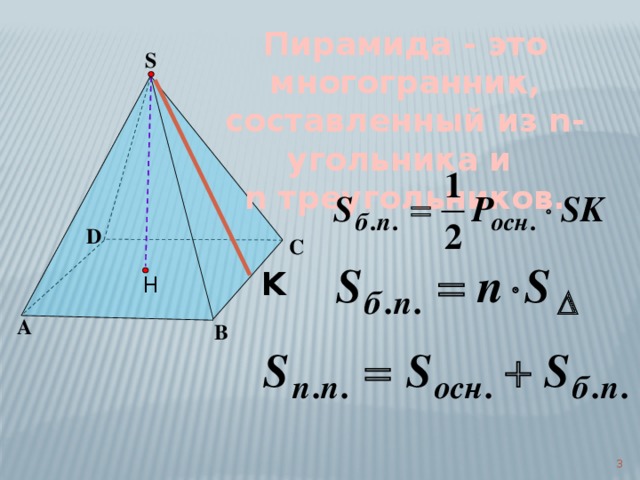 Пирамида - это многогранник, составленный из n-угольника и n треугольников. S D C K Н А B 3