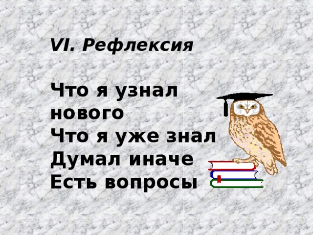 VI. Рефлексия  Что я узнал нового Что я уже знал Думал иначе Есть вопросы