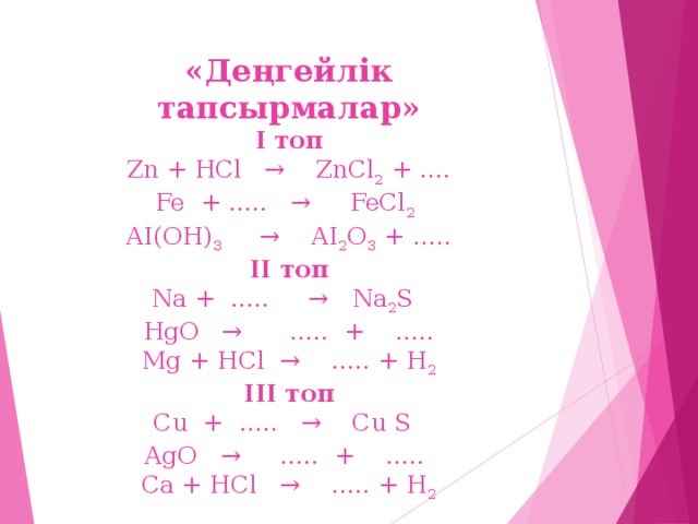 «Деңгейлік тапсырмалар»  І топ  Zn + HCl → ZnCl 2 + ….  Fe  + ….. → FeCl 2   AI(OH) 3 → AI 2 O 3 + …..  ІІ топ  Na + ….. → Na 2 S   HgO → ….. + …..  Mg + HCl → ….. + H 2  ІІІ топ  Cu + ….. →  Cu S   AgO → ….. + …..  Ca + HCl → ….. + H 2