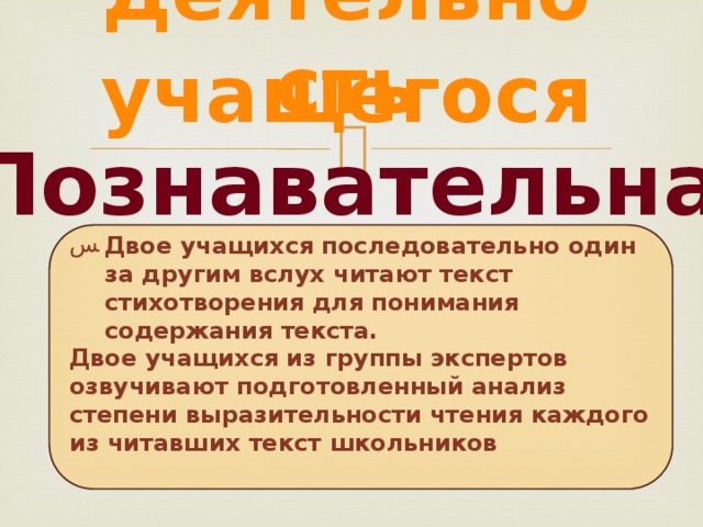 Деятельность учащегося  Познавательная Двое учащихся последовательно один за другим вслух читают текст стихотворения для понимания содержания текста. Двое учащихся из группы экспертов озвучивают подготовленный анализ степени выразительности чтения каждого из читавших текст школьников