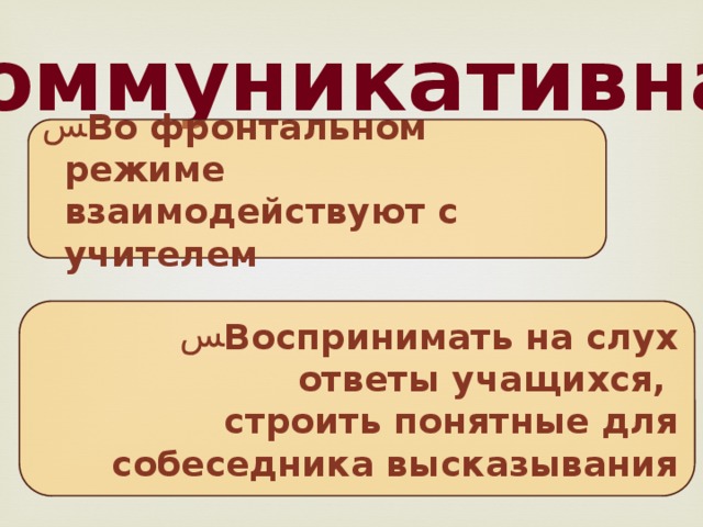 Коммуникативная Во фронтальном режиме взаимодействуют с учителем Воспринимать на слух ответы учащихся, строить понятные для собеседника высказывания