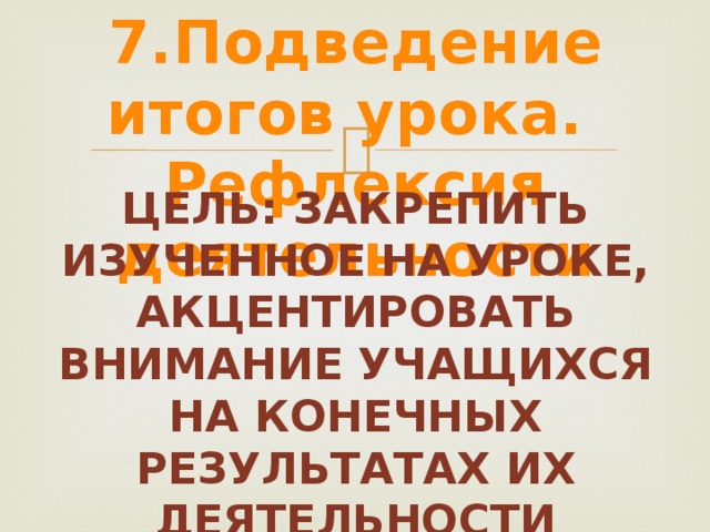 7.Подведение итогов урока. Рефлексия деятельности Цель: закрепить изученное на уроке, акцентировать внимание учащихся на конечных результатах их деятельности