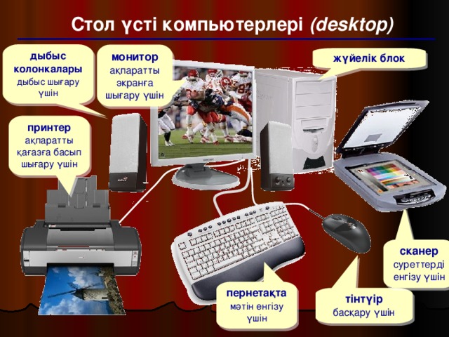 Стол үсті компьютерлері (desktop) дыбыс колонкалары  дыбыс шығару үшін монитор ақпаратты экранға шығару үшін жүйелік блок принтер ақпаратты қағазға басып шығару үшін сканер суреттерді енгізу үшін пернетақта  мәтін енгізу үшін тінтүір  басқару үшін