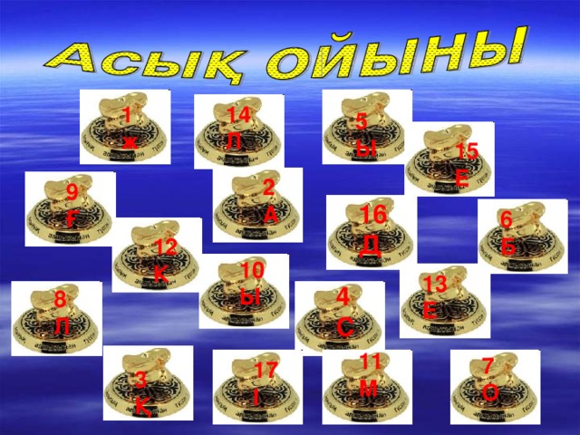 14 Л 1 ж 5 Ы 15 Е 2 А 9 Ғ 16 Д 6 Б 12 К 10 Ы 13 Е 4 С 8 Л 11 М 7 О 17 І 3 Қ