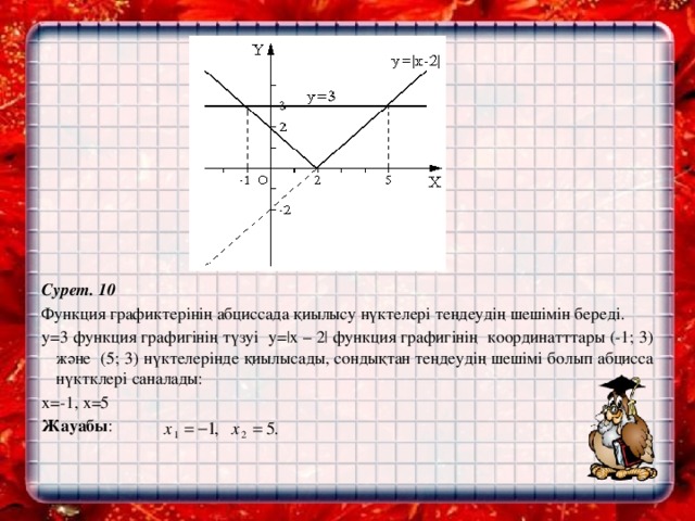 Сурет. 10 Функция графиктерінің абциссада қиылысу нүктелері теңдеудің шешімін береді. y=3 функция графигінің түзуі y=|х – 2| функция графигінің координатттары (-1; 3) және (5; 3) нүктелерінде қиылысады, сондықтан теңдеудің шешімі болып абцисса нүктклері саналады: х=-1, х=5 Жауабы :  