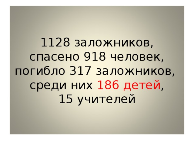 1128 заложников,  спасено 918 человек,  погибло 317 заложников,  среди них 186 детей ,  15 учителей