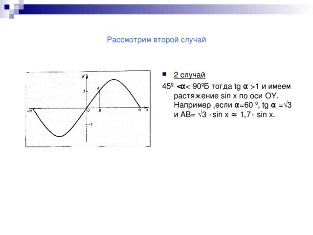 Рассмотрим второй случай 2 случай  45 º  1 и имеем растяжение sin  x по оси OY . Например ,если α =60 º , tg α =√3 и АВ= √3 ٠ sin  x ≈ 1,7 ٠  sin  x .