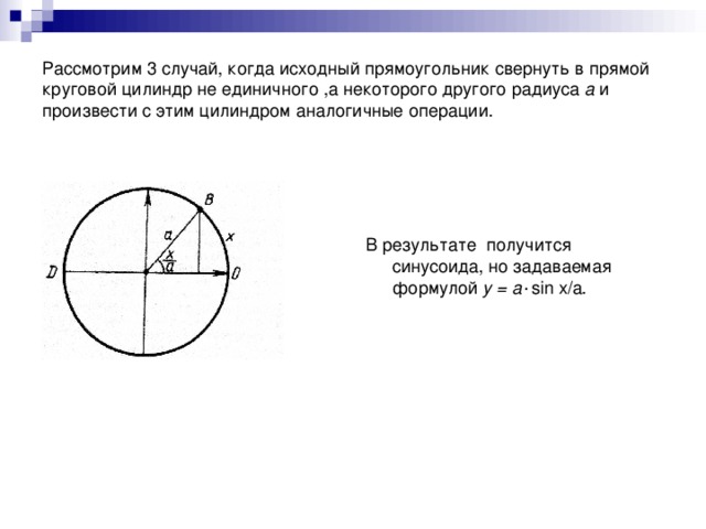 Рассмотрим 3 случай, когда исходный прямоугольник свернуть в прямой круговой цилиндр не единичного ,а некоторого другого радиуса а и произвести с этим цилиндром аналогичные операции. В результате получится синусоида, но задаваемая формулой у = а ٠ sin x/a.