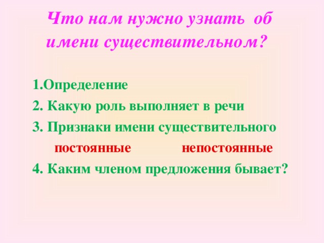 Что нам нужно узнать об имени существительном?  1.Определение 2. Какую роль выполняет в речи 3. Признаки имени существительного  постоянные непостоянные 4. Каким членом предложения бывает?