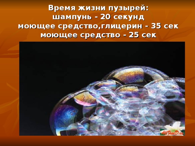 Время жизни пузырей:  шампунь - 20 секунд  моющее средство,глицерин - 35 сек  моющее средство - 25 сек