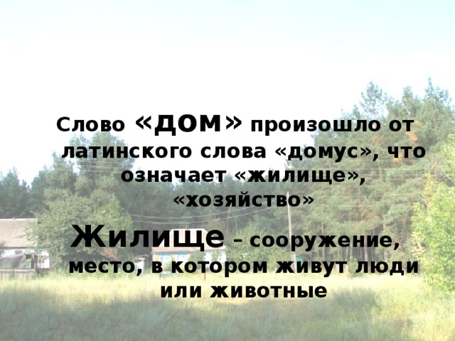 Слово «дом» произошло от латинского слова «домус», что означает «жилище», «хозяйство» Жилище – сооружение, место, в котором живут люди или животные