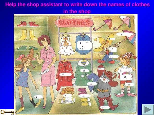 Help the shop assistant to write down the names of clothes  in the shop