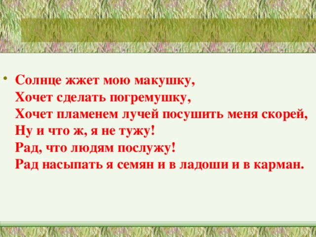 Солнце жжет мою макушку,  Хочет сделать погремушку,  Хочет пламенем лучей посушить меня скорей,  Ну и что ж, я не тужу!  Рад, что людям послужу!  Рад насыпать я семян и в ладоши и в карман.