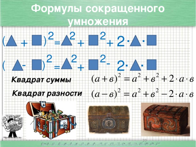 Формулы сокращенного умножения . . 2 2 2 2 + + ( ) + = . . 2 2 2 - - 2 ) ( + = Квадрат суммы Квадрат разности Какую цель вы хотели бы поставить себе на следующий урок? Любопытно, какие же клады хранят закрытые сундуки?! 5.Рефлексия, подведение итогов.