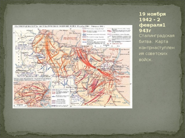 19 ноября 1942 - 2 февраля1 943г Сталинградская битва. Карта контрнаступления советских войск.