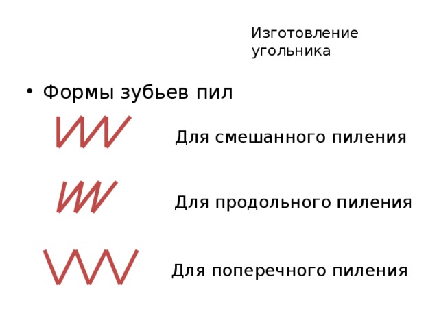 Изготовление угольника Формы зубьев пил Для смешанного пиления Для продольного пиления Для поперечного пиления