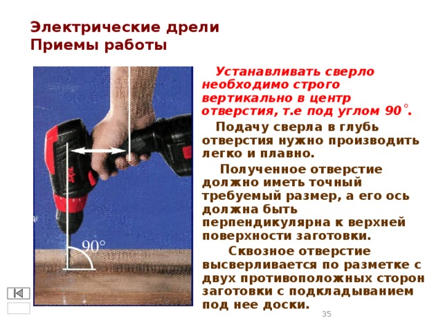 Электрические дрели  Приемы работы  Устанавливать сверло необходимо строго вертикально в центр отверстия, т.е под углом 90 ˚.  Подачу сверла в глубь отверстия нужно производить легко и плавно.  Полученное отверстие должно иметь точный требуемый размер, а его ось должна быть перпендикулярна к верхней поверхности заготовки.  Сквозное отверстие высверливается по разметке с двух противоположных сторон заготовки с подкладыванием под нее доски. 90 °